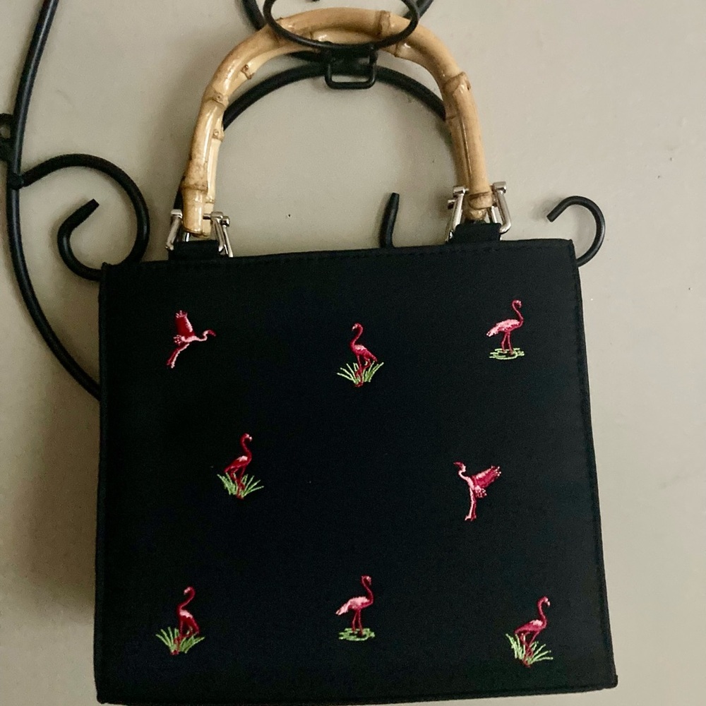 Black Flamingo-Embroidered Bamboo Handle Tote